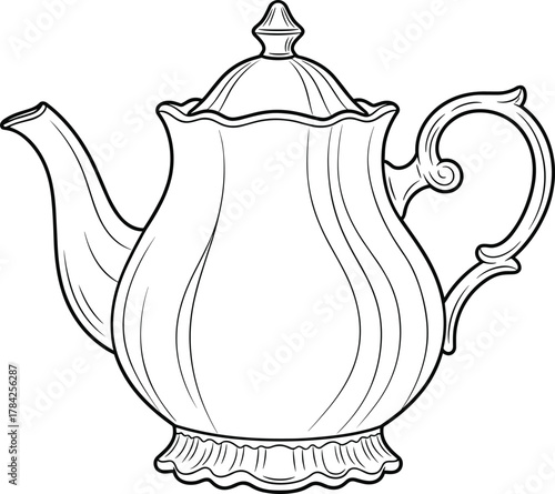 Elegant vintage teapot line art illustration, classic tea service design for kitchen, beverage, or afternoon tea themes, ideal for logos, menus, and home decor content