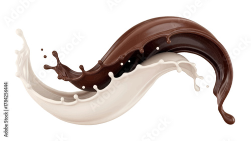 Vector illustration of chocolate and milk splashing together in a dynamic wave on a white background