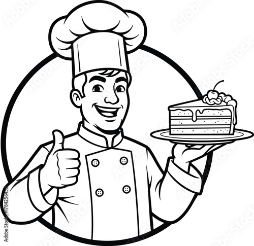Happy cartoon chef in toque holding a slice of layered cake with thumbs up, ideal for bakery, dessert, or culinary design projects, clean black and white line art