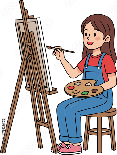 Happy young woman artist painting on canvas with easel, holding palette, sitting on stool, creative hobby, art studio, vector illustration, cartoon style, cheerful expression, blue overalls