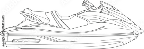 Jet ski line art illustration, watercraft outline for design, summer adventure, beach vacation, nautical theme, vector drawing perfect for posters, logos, and travel content