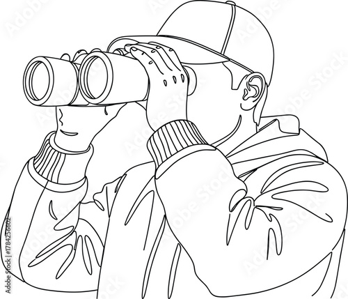 Man wearing cap and jacket using binoculars to observe distant view, line art vector illustration for exploration, wildlife watching, travel, and adventure themes