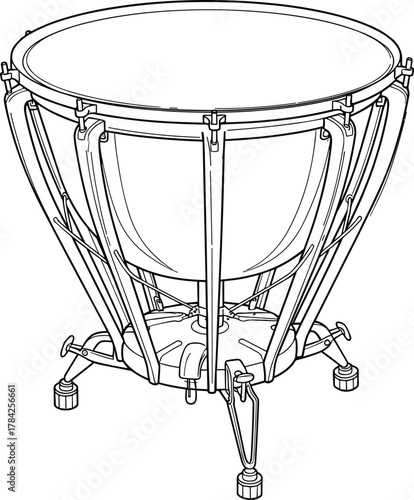 Minimalist line art vector illustration of a large orchestral timpani drum on stand, ideal for music, percussion, band, or educational design projects, clean black and white outline style