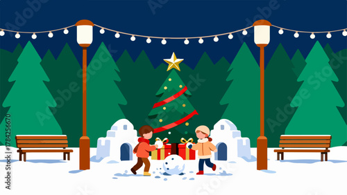 Kids Playing in Christmas Snow Park