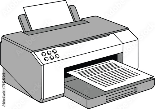 Simple vector illustration of a desktop printer actively printing a document, ideal for office, business, or educational design projects, clean line art with gray shading