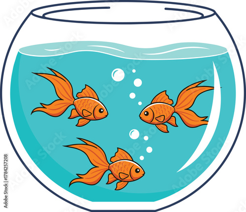 Three cute goldfish swimming in a round fishbowl with bubbles, colorful cartoon illustration for pets, aquariums, or children’s themes, perfect for logos and educational content