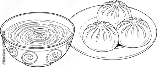 Three dumplings on a plate with a bowl of soup, line art vector illustration for Asian cuisine, food, or restaurant themes, perfect for menus, logos, and culinary content