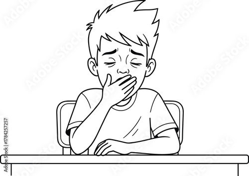 Tired boy yawning at desk, sleepy student in classroom, exhausted child covering mouth, school fatigue, boredom, education, vector illustration