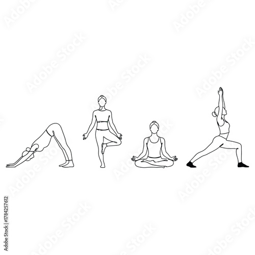 Minimalist yoga line art illustration showing continuous flow of downward dog, tree pose, lotus, and warrior postures for balance and alignment