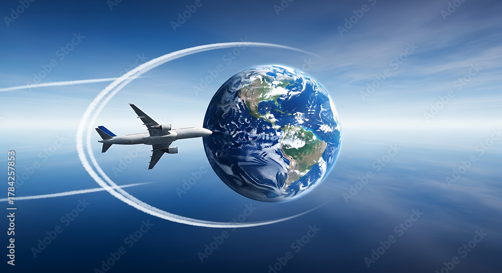 Fototapeta premium Jet glides past Earth in a luminous arc, globe glowing, symbolizing global travel across skies wide
