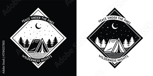 Vintage camping tent under starry night sky with moon and pine trees, peace and wilderness theme, black and white illustration