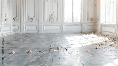 Empty Room with Flower Petals on Wooden Floor