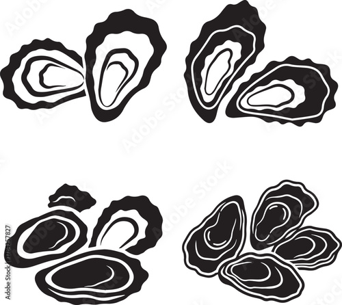 Four Black And White Oyster Illustrations On White Background