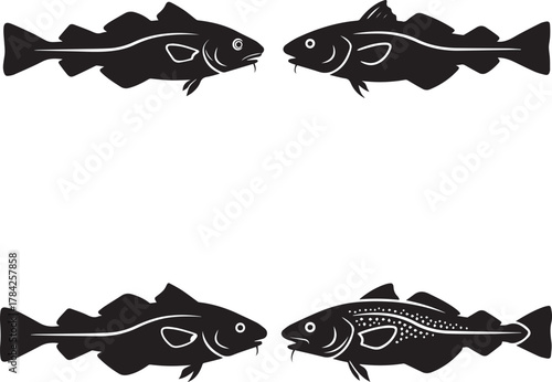 Four black silhouette illustrations of cod fish black and white