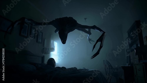 Monster on ceiling in a scary bedroom at night. 4K Video