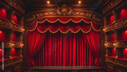 presto. Opulent opera house box with red velvet curtains and golden decorative details. real-estate listings, architecture portfolios, designed for interior renovation comparisons for interiors.