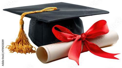 Graduation: A Symbolic Triumph: A graduation cap and diploma, elegantly bound with a vibrant red ribbon, represent the culmination of academic dedication and achievement.