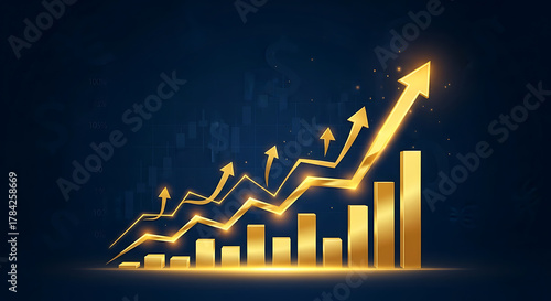 Gold bar chart with upward arrows against a dark blue background signals strong growth and momentum!