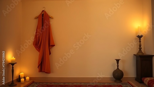 ashram. An Indian ashram room with an orange robe on the wall, lit by candlelight. event programs, museum guides, designed for cultural heritage projects and event programs.
