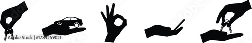 Silhouette icons of hands with car keys, smartphone, car, and gestures for rental, ownership, sharing, and automotive illustration