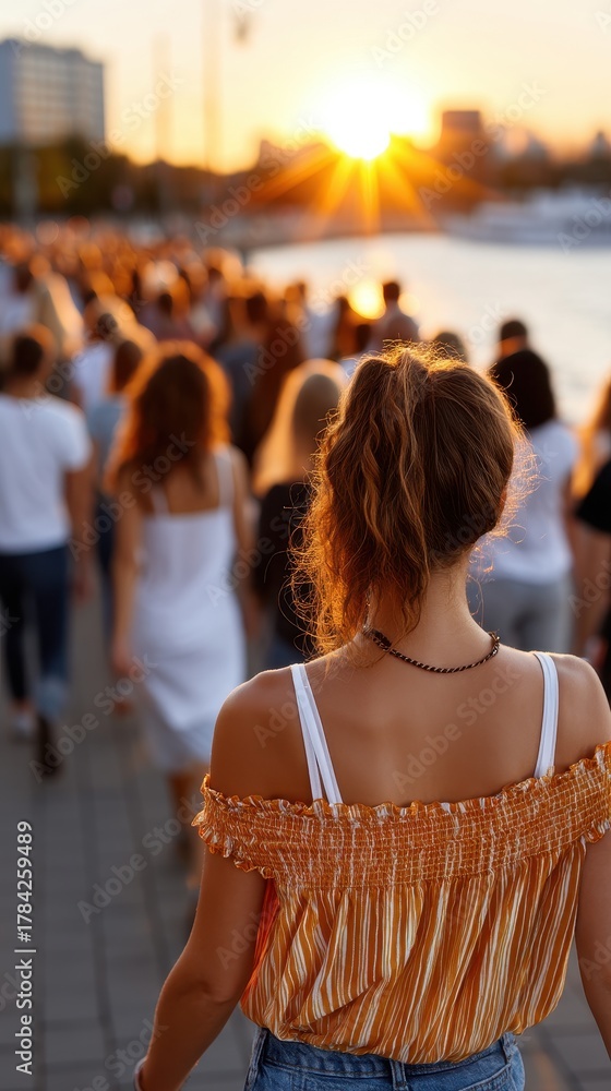 Fototapeta premium A woman in an orange shirt walks with a crowd of people at sunset, close to a body of water and city buildings. The sun sets as they walk away from the camera