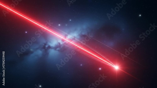 A powerful red laser beam cutting through a dark cosmic nebula with stars.