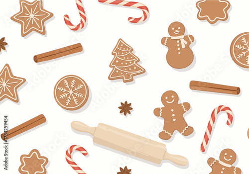 Festive Christmas-themed illustration featuring various gingerbread cookies, candy canes, and rolling pin on a white background.