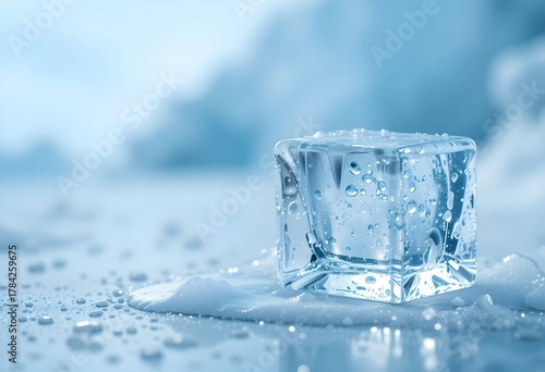 Single Ice Cube Melting with Water Droplets Macro. winter or summer, frosty background