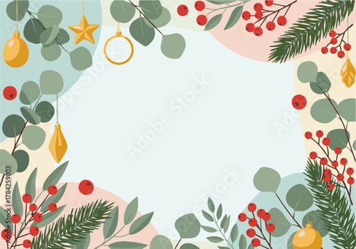 Festive holiday background featuring eucalyptus, berries, ornaments, and evergreen branches, with a central blank space.