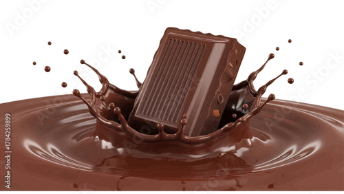 Vector illustration of a piece of chocolate bar splashing into liquid chocolate on a white background