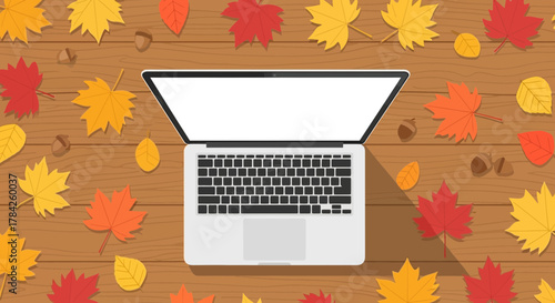 Trendy laptop mockup with vibrant autumn leaves and acorns, perfect for seasonal marketing, showcasing designs, and creating warm, inviting digital experiences