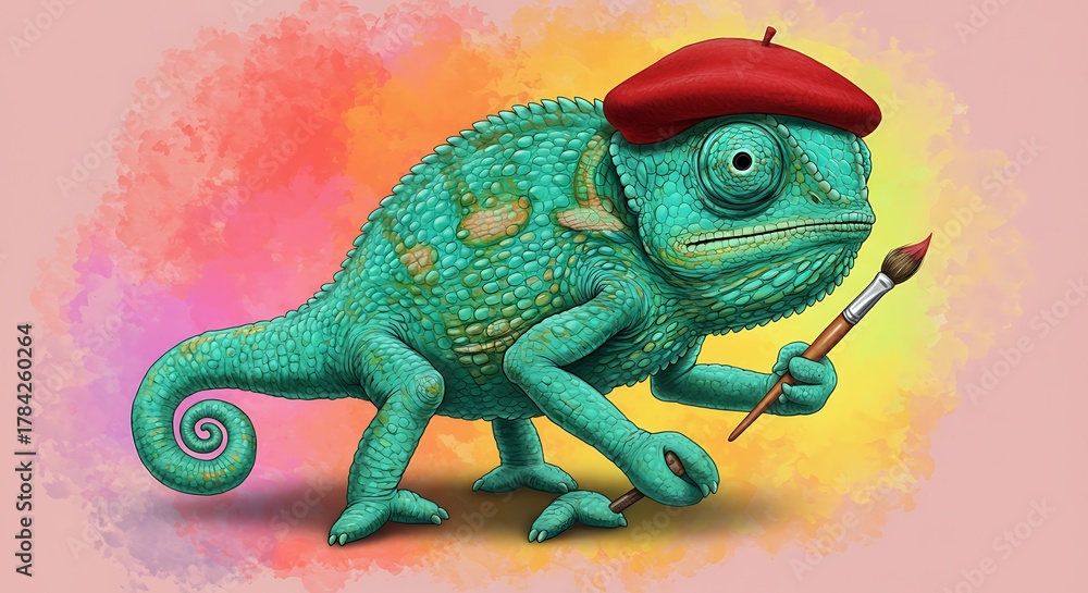 Obraz premium A cartoon chameleon wearing a red beret holding a paintbrush in front of a colorful watercolor background