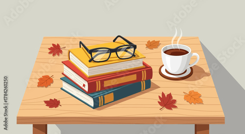 Cozy autumn scene with books, glasses, steaming coffee, and colorful fall leaves scattered on a rustic wooden table ready for a relaxing reading session