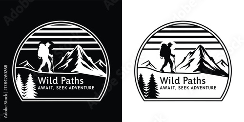 Wild paths logo with a hiker and mountains, symbolizing adventure and exploration, isolated on white background