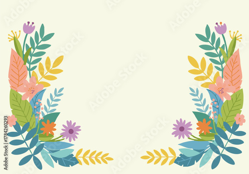 Decorative floral arrangement featuring stylized flowers and leaves in pastel colors, creating a border or frame effect on a light background.