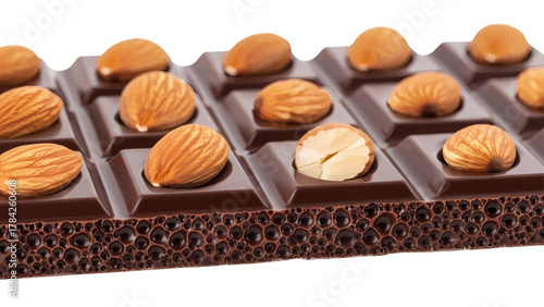 Vector illustration of dark chocolate bar with almonds on a white background
