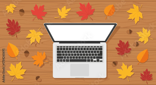 Laptop on wooden desk with autumn leaves flat lay for seasonal projects, fall designs, Thanksgiving promotions, and back to school campaigns, originally vector graphic