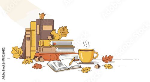 Cozy autumn reading scene with stacked books, cute squirrel, warm coffee, open notebook and scattered leaves evokes a feeling of fall relaxation