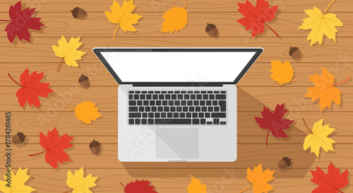 Cozy autumn workspace with laptop, maple leaves and acorns, perfect for fall promotions, seasonal content, and Thanksgiving campaigns, from a vector origin