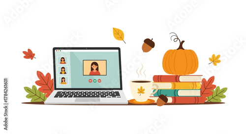 Celebrate autumn vibes with a cozy video call, pumpkin spice latte, and charming fall decor perfect for seasonal promotions, educational resources, and warm greetings