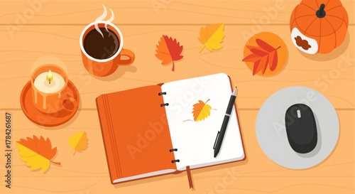 Cozy autumn workspace with steaming coffee, notebook, pen, leaves, candle, computer mouse, and pumpkin, bringing a warm feeling, originally vector graphics