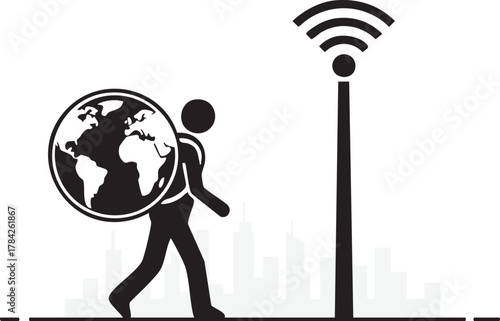 Global Connectivity: Person Carrying World as Backpack Walking Past WiFi Tower Silhouette