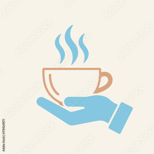 Hand holding a steaming cup of coffee or tea. Vector illustration of beverage.