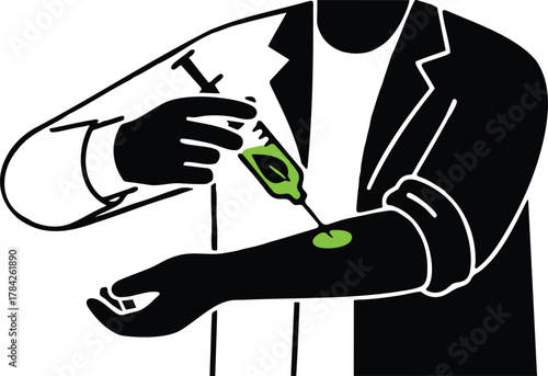 Herbal Biometric Injection: Scientist Administering Natural Plant-Based Medicine Vector