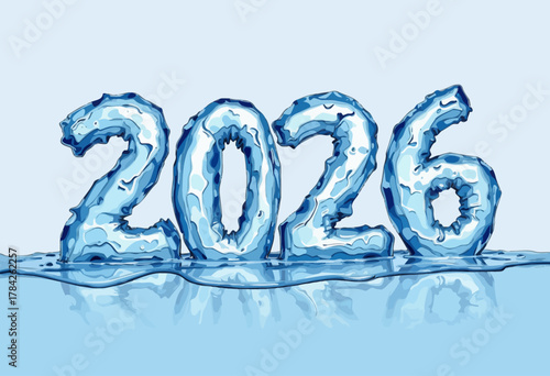 Illustration of the Year 2026 Formed with Icy Textures Melting on a Reflective Surface Evoking Thoughts of Climate Change and Environmental Awareness