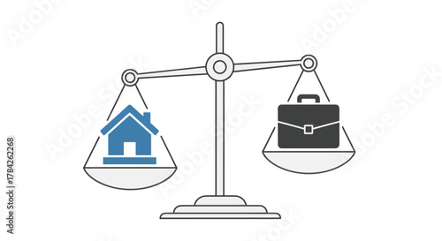 Work life balance concept with house and briefcase on scale. Vector illustration.
