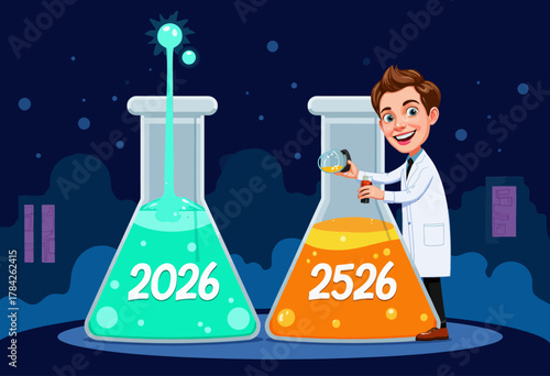Cheerful Scientist Conducts Colorful Liquid Experiment in Laboratory with Two Large Beakers Marked 2026 and 2526 Against a Dark Sky Background