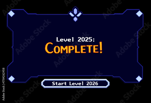 Futuristic Digital Display Celebrating the Completion of Level 2025 with Option to Advance to the Next Level in a Stylishly Designed Interface