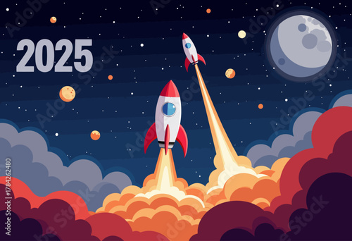 Futuristic Vision of Space Exploration in 2025 Featuring Rockets Launching Towards the Moon and Mars Amidst Cosmic Landscape Illustrating Technological Advancements