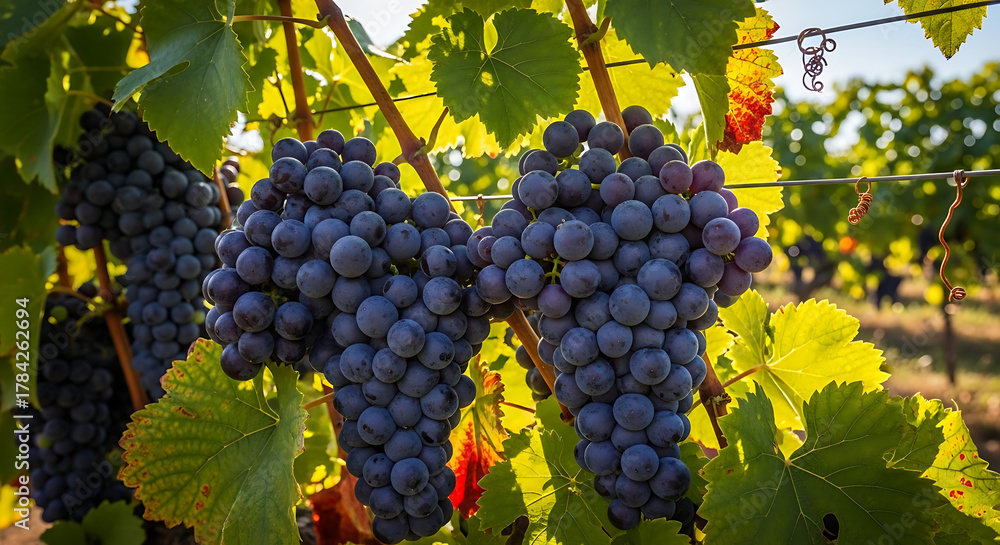 Fototapeta premium Sunlit vineyard grape clusters hang heavy on vines, emerald leaves framing deep purple fruit, vibrant